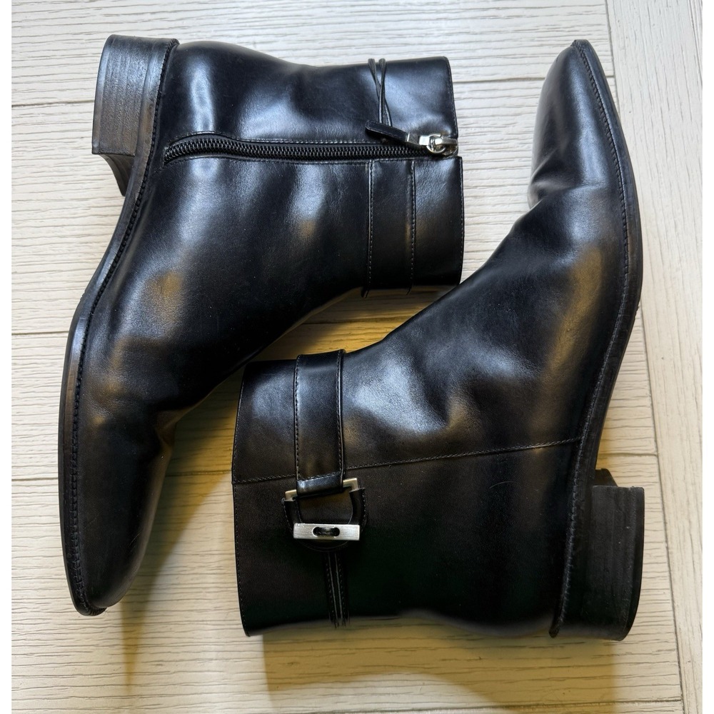 Talbots Women's Black Leather Flat Ankle Boot Shoes W Zip & Buckle 9.5 B Classic